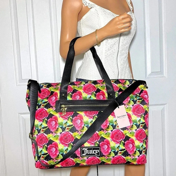 Juicy Couture Black Multi Rose Print Overnight Weekender Duffle Travel Bag - Picture 8 of 12